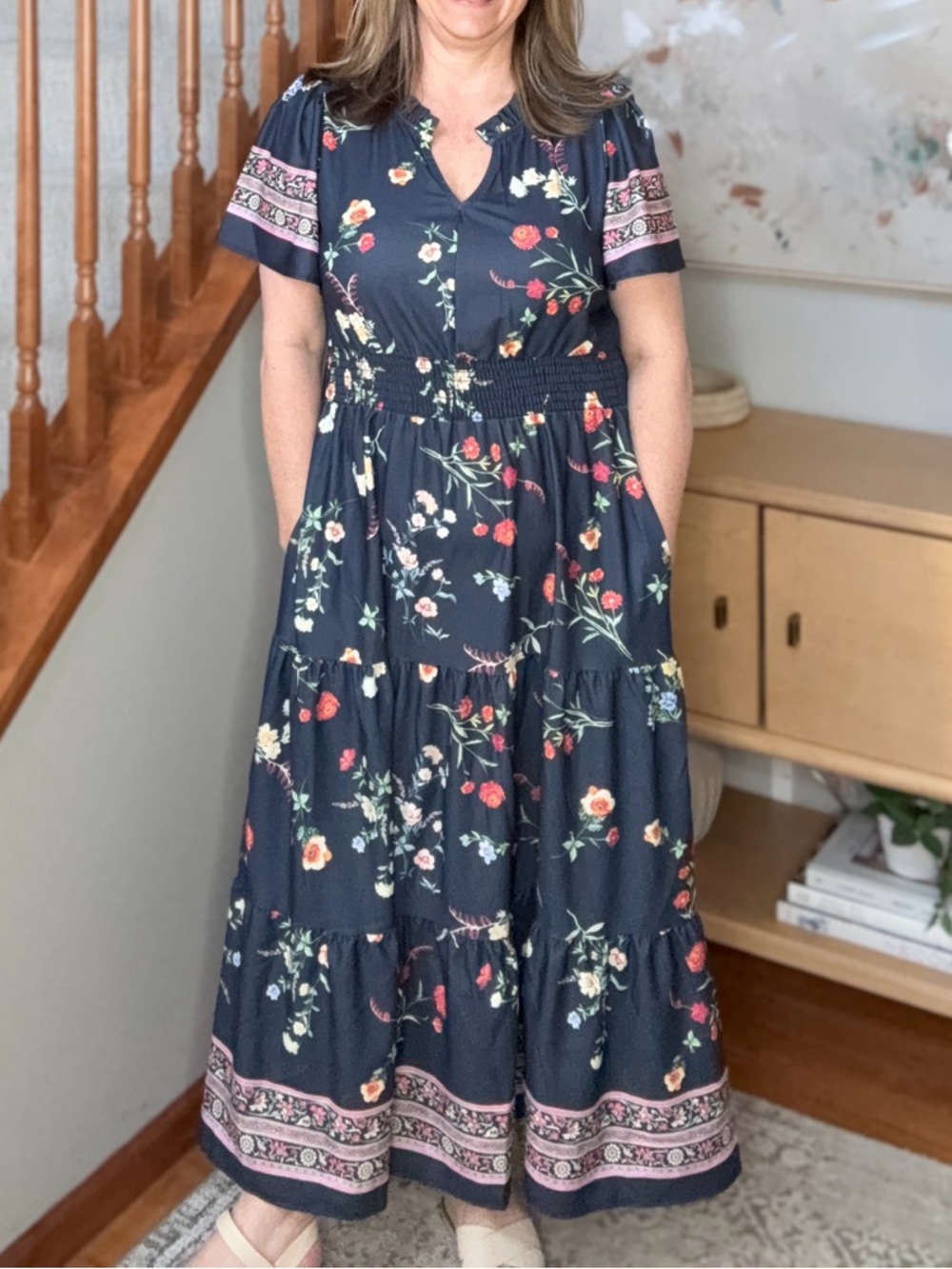 Haptics Brand New Navy Floral Tiered Maxi Dress with Smocked Waist